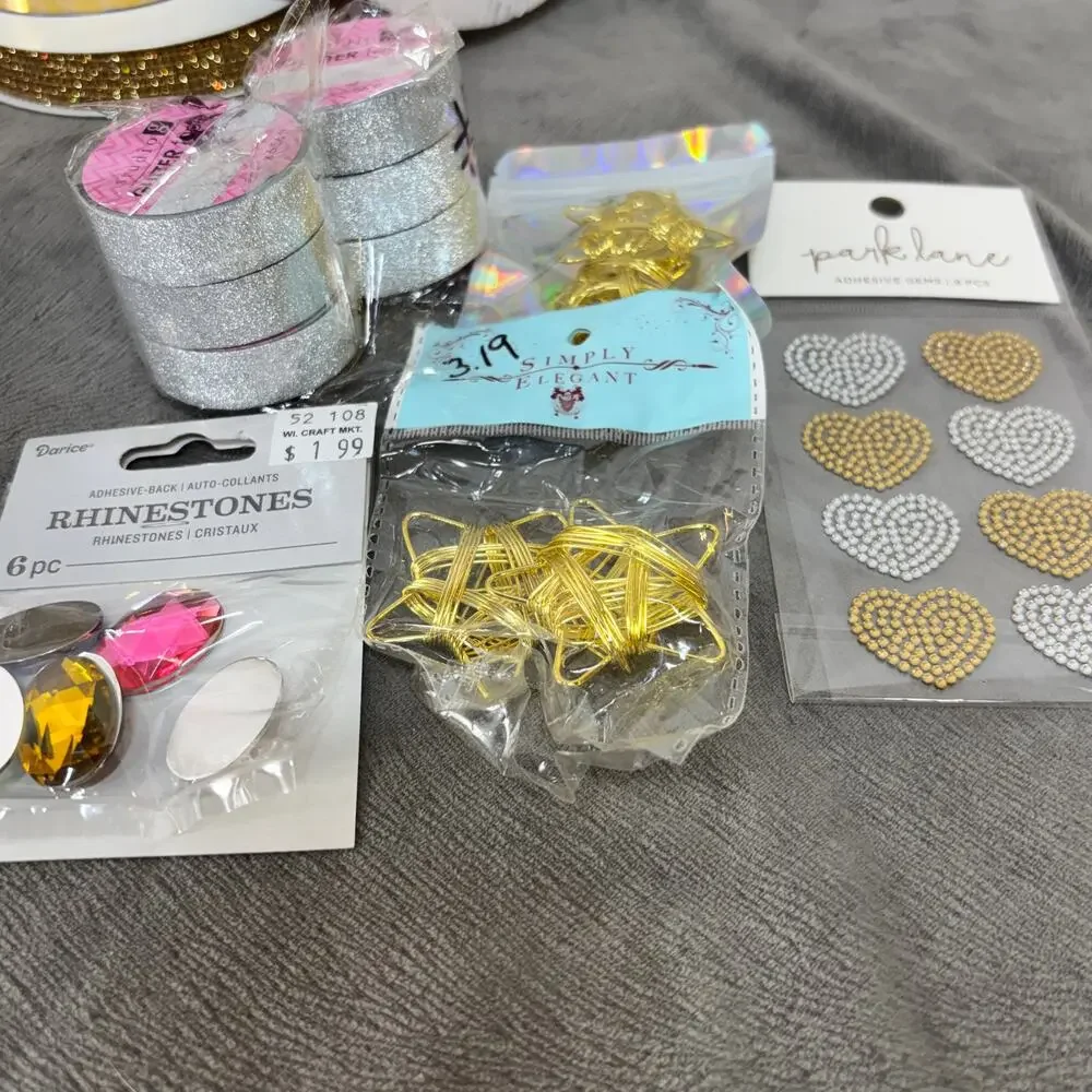 Metallic Gold Crafting Lot Bling Ribbon Embellishments Trim Jewels Gem Stickers